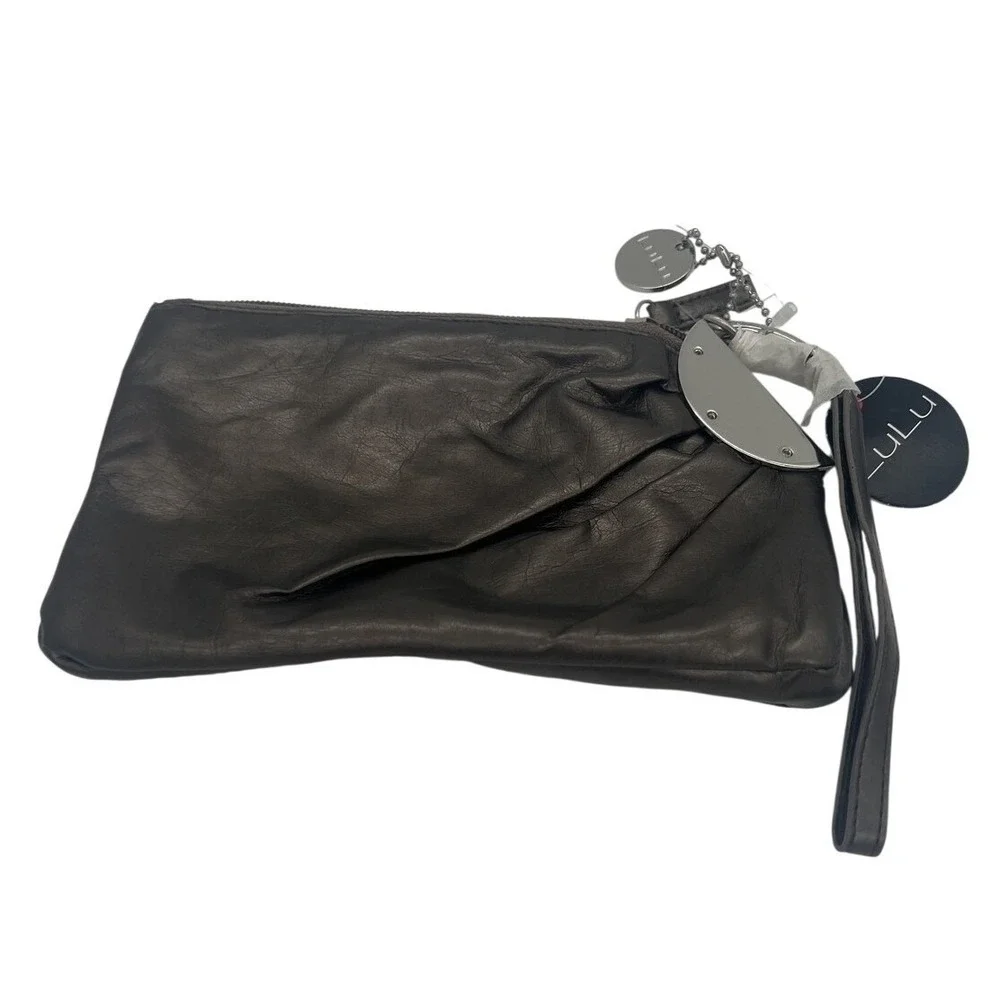 LuLu Gunmetal Metallic Faux Leather‎ Clutch Bag Wristlet Purse NWT